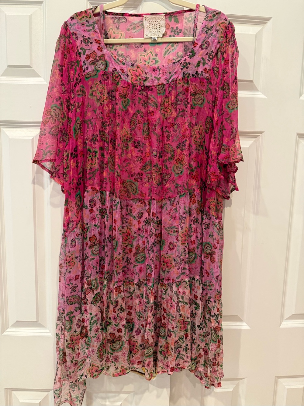Johnny Was Hot Pink Floral Sheer Tiered Tunic
